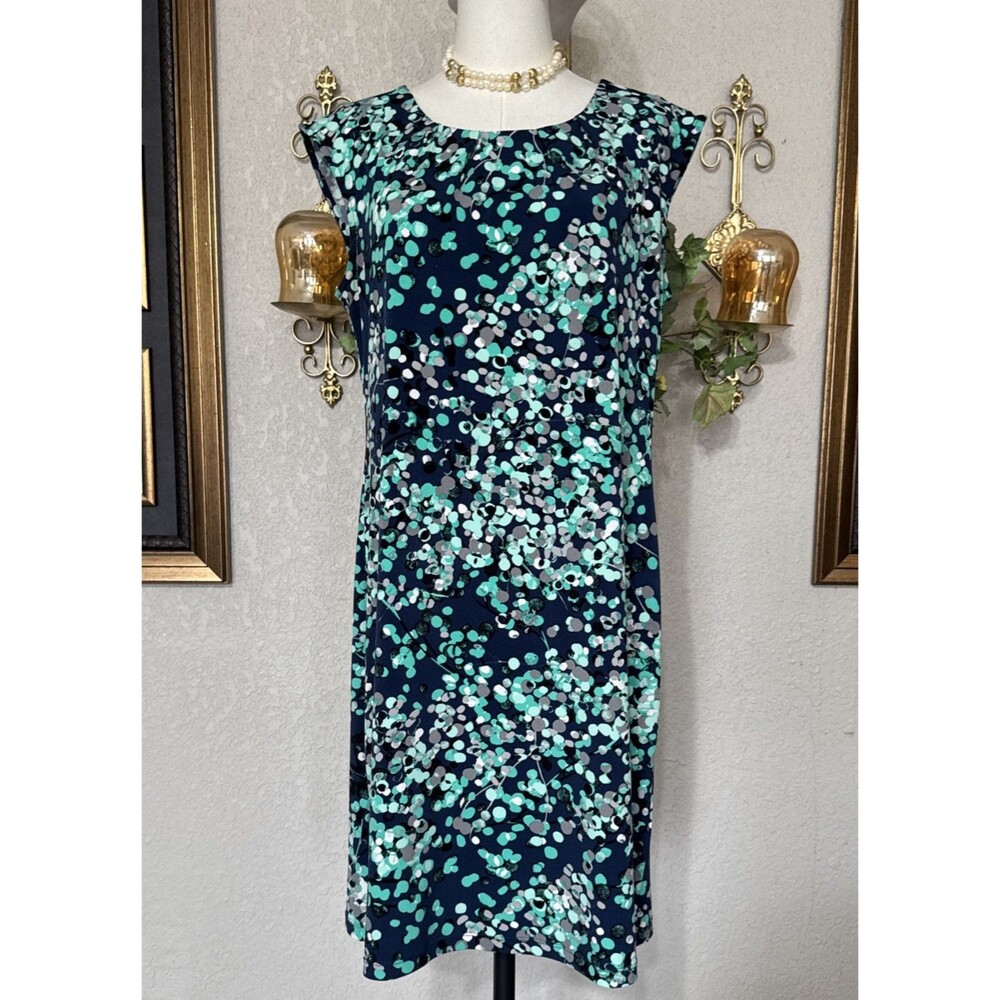 Women's Size L Cocktail Polka Dot Midi Formal Dress Blue Tank Pleated Neck APT.9